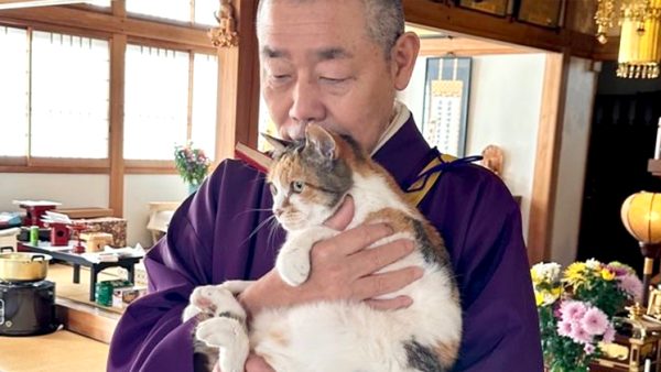 栃木県・那須の長楽寺の住職と、抱えられた猫